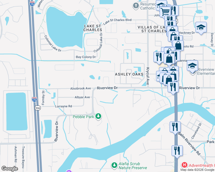 map of restaurants, bars, coffee shops, grocery stores, and more near 7839 Riverwood Oaks Drive in Riverview