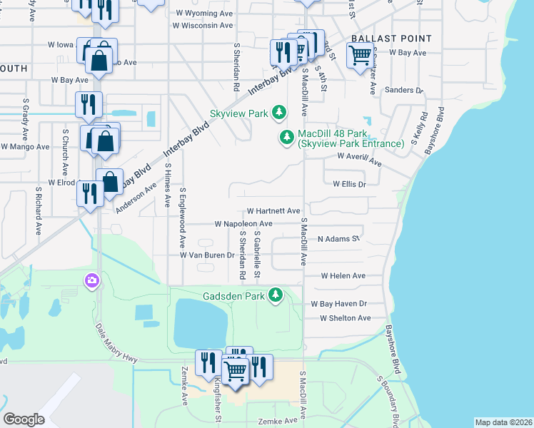 map of restaurants, bars, coffee shops, grocery stores, and more near 6701 South Gabrielle Street in Tampa