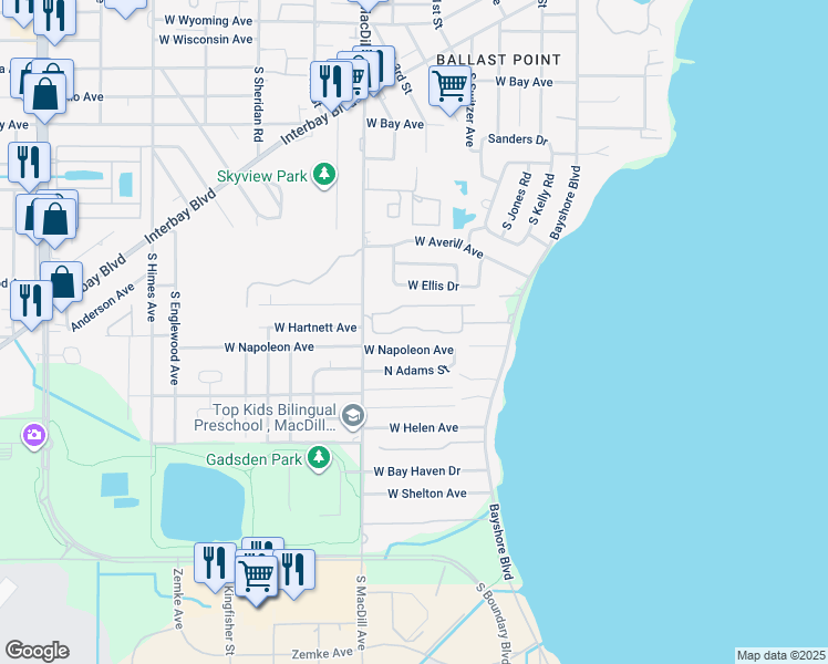 map of restaurants, bars, coffee shops, grocery stores, and more near 3021 West Napoleon Avenue in Tampa