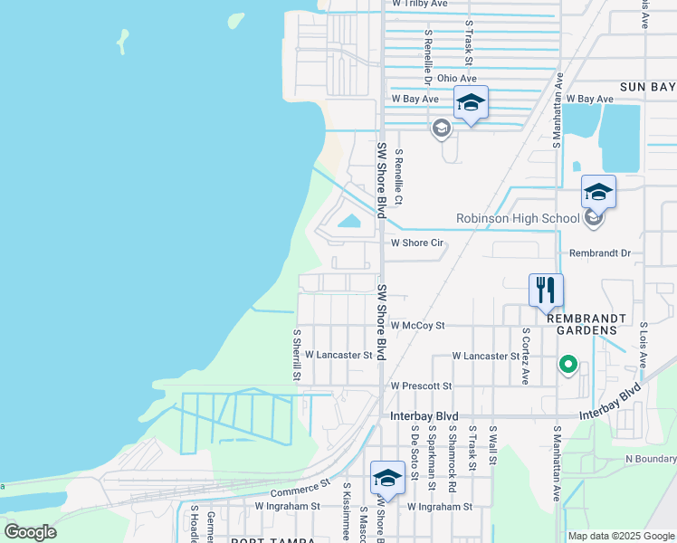 map of restaurants, bars, coffee shops, grocery stores, and more near 6601 South West Shore Boulevard in Tampa