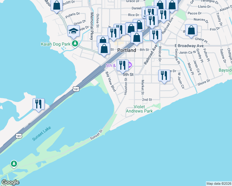 map of restaurants, bars, coffee shops, grocery stores, and more near 401 East Bayview Boulevard in Portland
