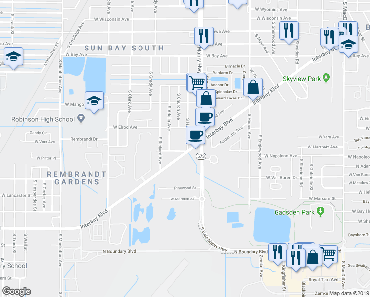 map of restaurants, bars, coffee shops, grocery stores, and more near 6901 Interbay Boulevard in Tampa