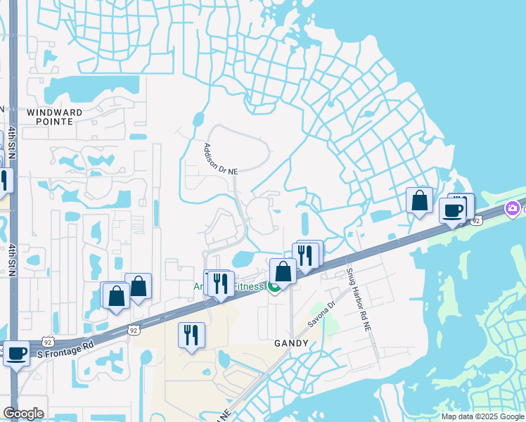 map of restaurants, bars, coffee shops, grocery stores, and more near 10901 Brighton Bay Boulevard Northeast in St. Petersburg