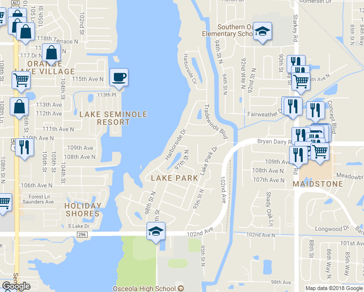 map of restaurants, bars, coffee shops, grocery stores, and more near 33778 109th Avenue North in Largo