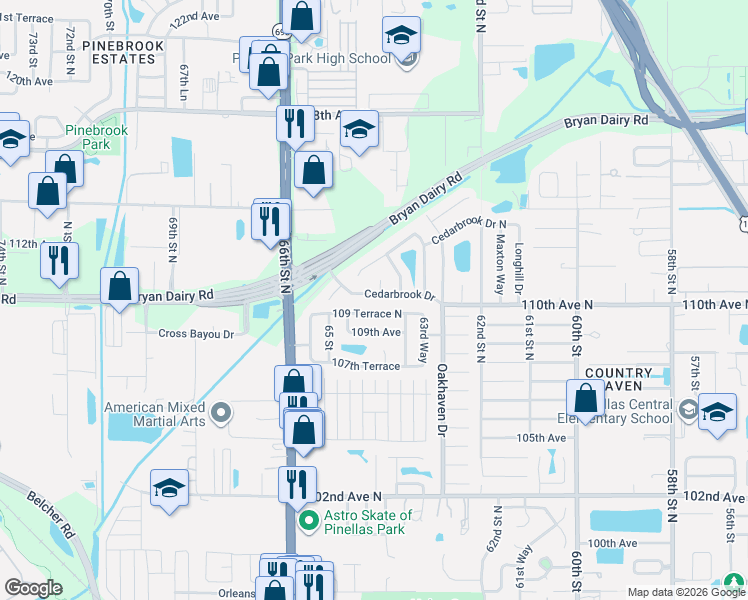 map of restaurants, bars, coffee shops, grocery stores, and more near 6428 109 Terrace North in Pinellas Park