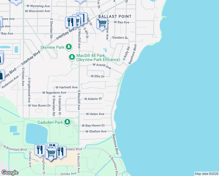map of restaurants, bars, coffee shops, grocery stores, and more near 2812 Old Bayshore Way in Tampa