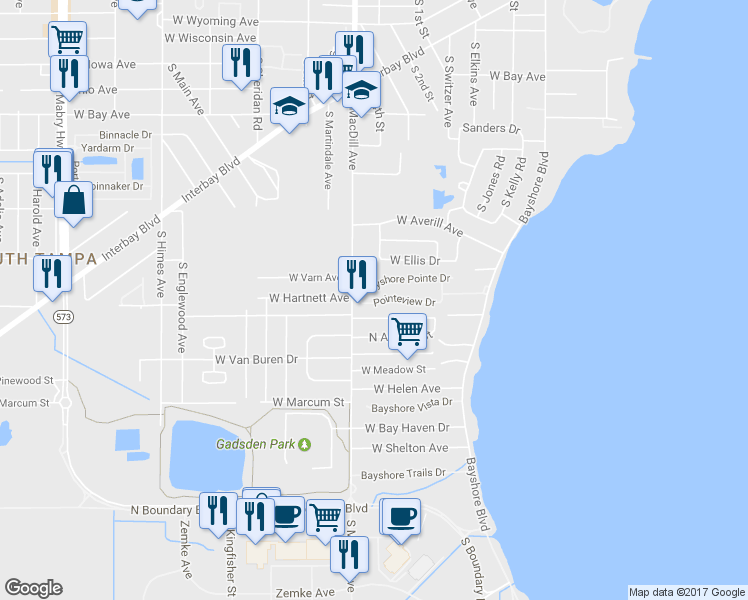 map of restaurants, bars, coffee shops, grocery stores, and more near 3021 West Napoleon Avenue in Tampa