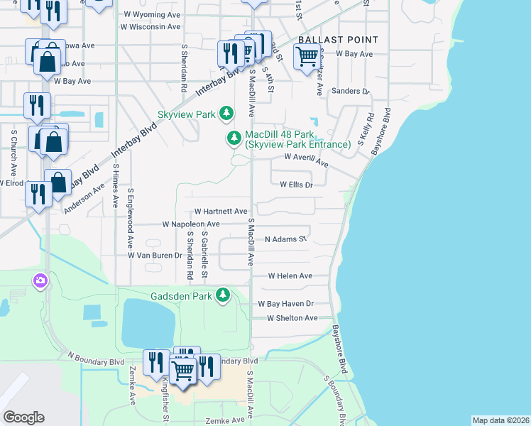 map of restaurants, bars, coffee shops, grocery stores, and more near 3021 West Napoleon Avenue in Tampa