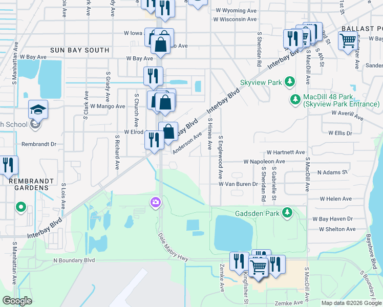 map of restaurants, bars, coffee shops, grocery stores, and more near 6604 South Dale Mabry Highway in Tampa