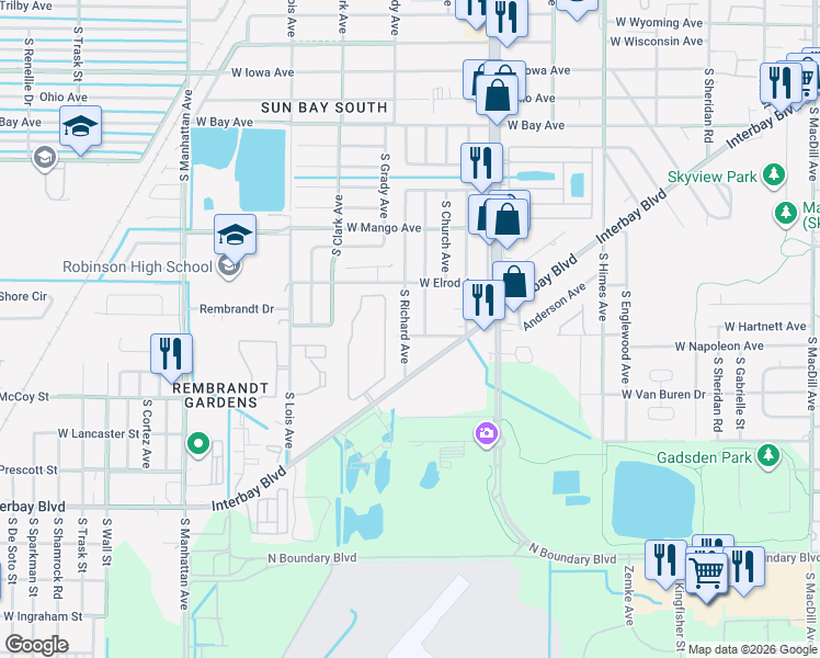 map of restaurants, bars, coffee shops, grocery stores, and more near 7001 Interbay Boulevard in Tampa