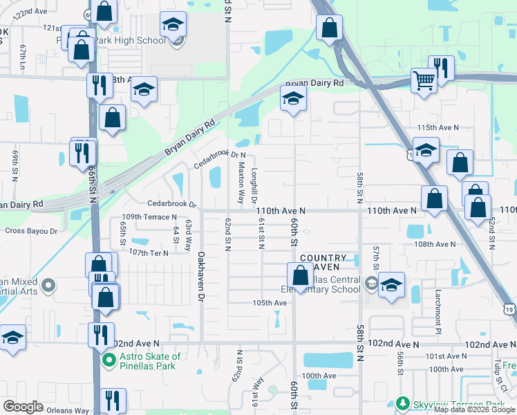 map of restaurants, bars, coffee shops, grocery stores, and more near 6116 110th Avenue in Pinellas Park