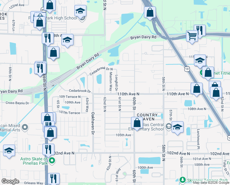 map of restaurants, bars, coffee shops, grocery stores, and more near 6116 110th Avenue in Pinellas Park