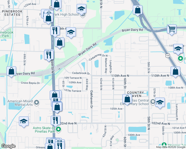 map of restaurants, bars, coffee shops, grocery stores, and more near 6283 109 Terrace North in Pinellas Park