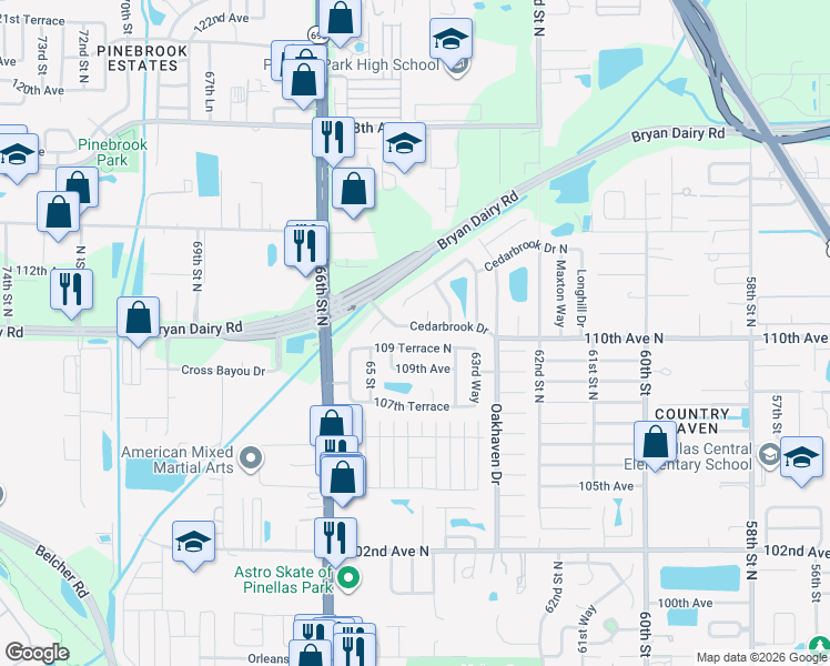map of restaurants, bars, coffee shops, grocery stores, and more near 6428 109 Terrace North in Pinellas Park