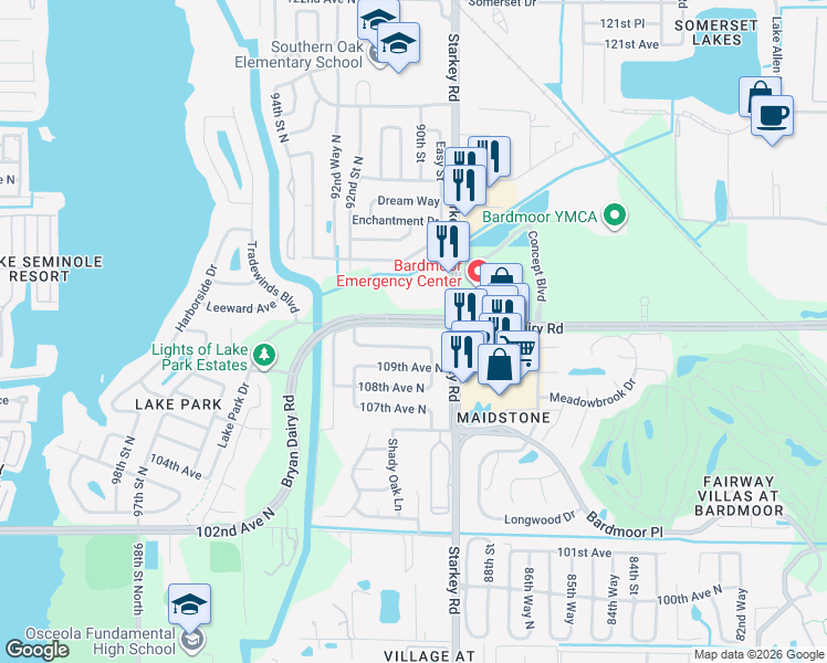 map of restaurants, bars, coffee shops, grocery stores, and more near 9024 109th Terrace in Seminole