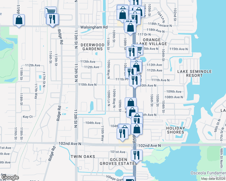 map of restaurants, bars, coffee shops, grocery stores, and more near 10862 109th Street in Largo