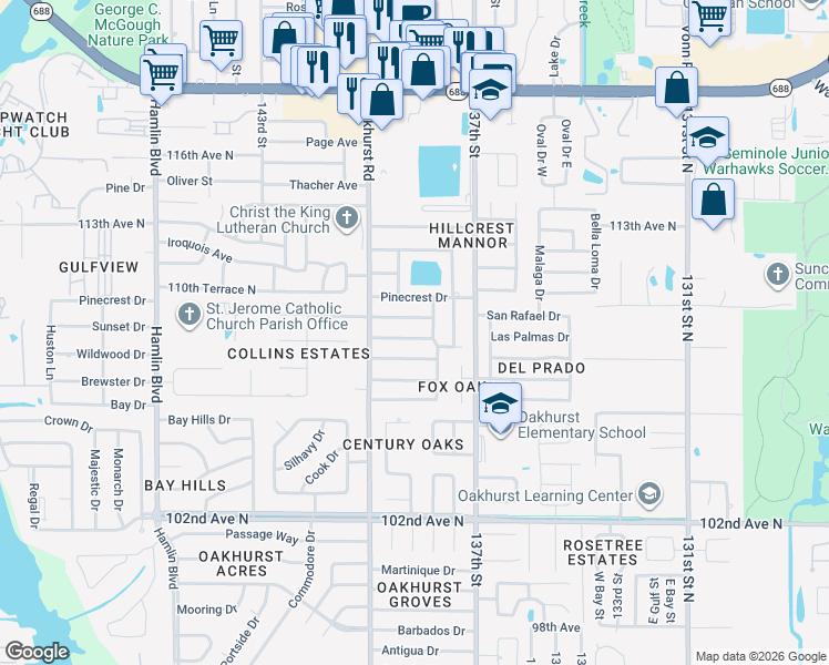 map of restaurants, bars, coffee shops, grocery stores, and more near 13803 Wildwood Drive in Largo