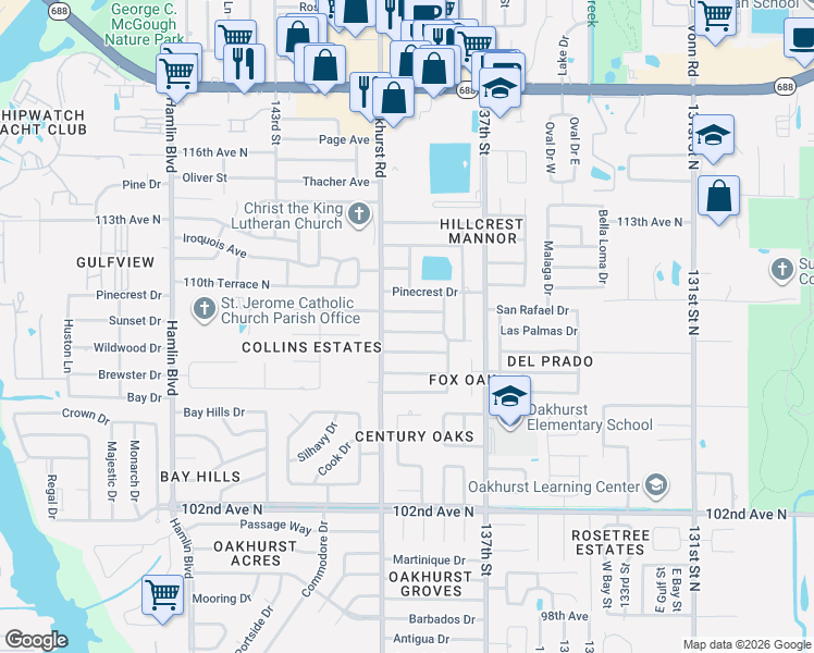 map of restaurants, bars, coffee shops, grocery stores, and more near 13947 Wildwood Drive in Largo