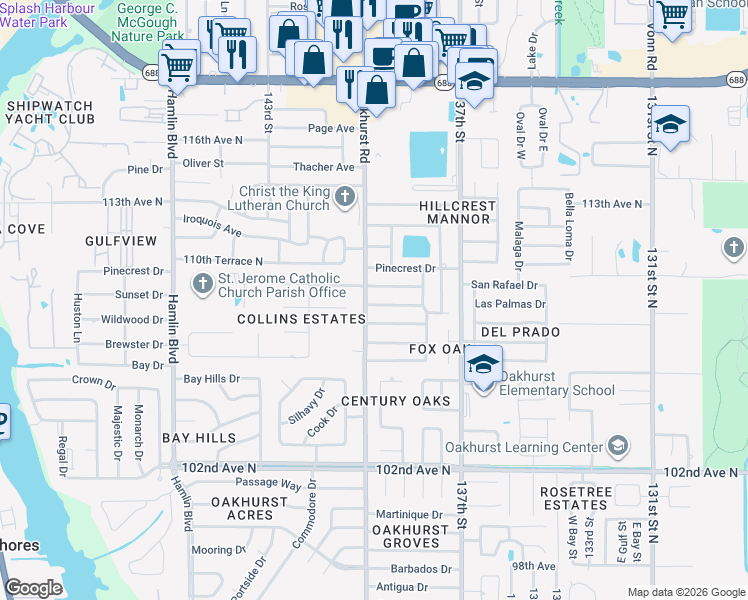 map of restaurants, bars, coffee shops, grocery stores, and more near 13947 Wildwood Drive in Largo