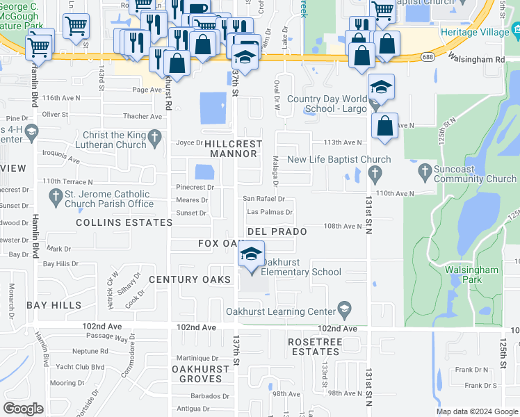 map of restaurants, bars, coffee shops, grocery stores, and more near 13605 Las Palmas Drive in Largo