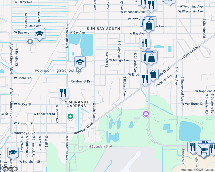 map of restaurants, bars, coffee shops, grocery stores, and more near 7001 Interbay Boulevard in Tampa