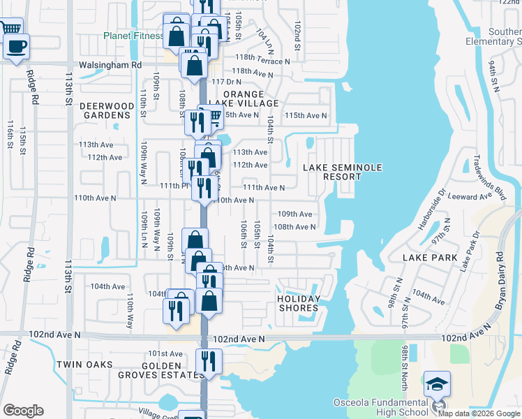 map of restaurants, bars, coffee shops, grocery stores, and more near 10949 105th Street in Largo