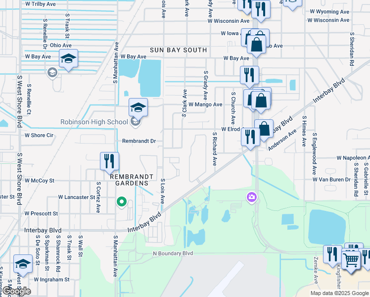 map of restaurants, bars, coffee shops, grocery stores, and more near 7001 Interbay Boulevard in Tampa