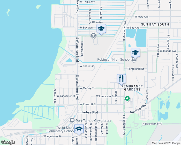 map of restaurants, bars, coffee shops, grocery stores, and more near 6548 West Shore Circle in Tampa