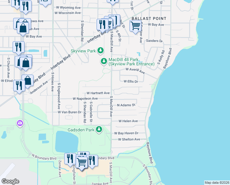map of restaurants, bars, coffee shops, grocery stores, and more near South MacDill Avenue in Tampa