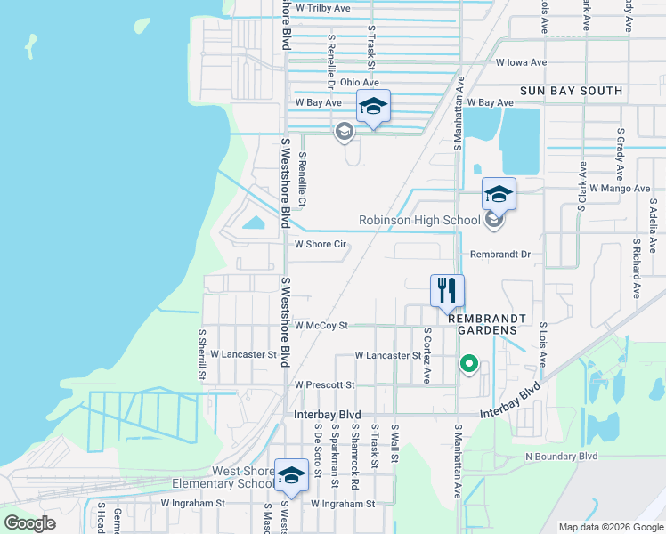 map of restaurants, bars, coffee shops, grocery stores, and more near 6552 West Shore Circle in Tampa