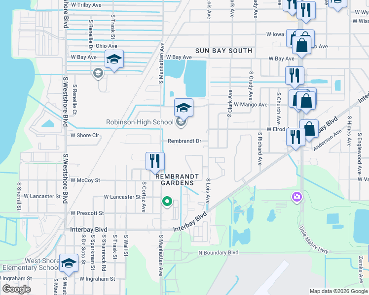 map of restaurants, bars, coffee shops, grocery stores, and more near 4228 South Monet Court in Tampa
