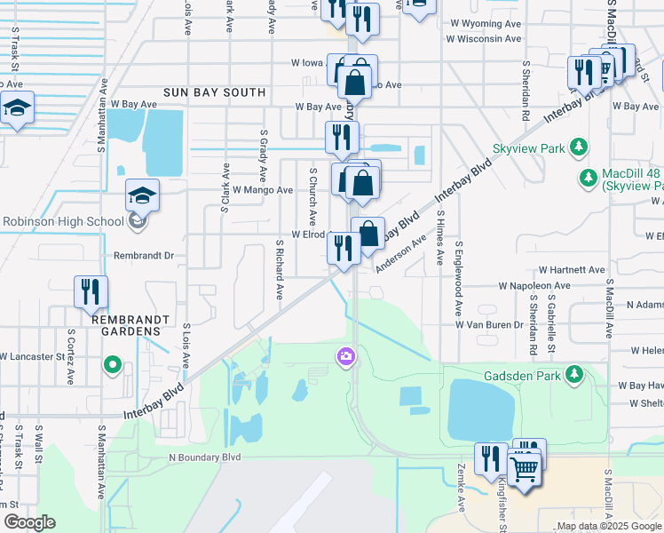 map of restaurants, bars, coffee shops, grocery stores, and more near 6815 Interbay Boulevard in Tampa