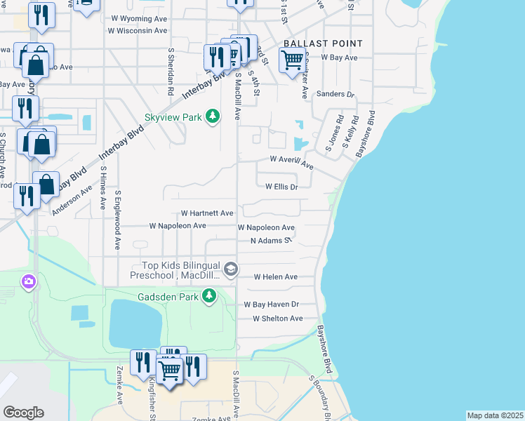 map of restaurants, bars, coffee shops, grocery stores, and more near 2983 Bayshore Pointe Drive in Tampa