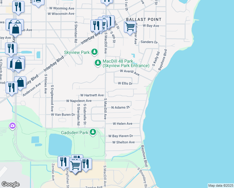 map of restaurants, bars, coffee shops, grocery stores, and more near 2983 Bayshore Pointe Drive in Tampa
