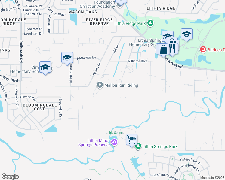 map of restaurants, bars, coffee shops, grocery stores, and more near 158 Hill Drive in Valrico
