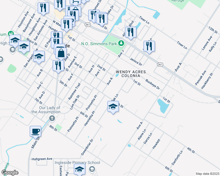 map of restaurants, bars, coffee shops, grocery stores, and more near 2720 Big Oak Lane in Ingleside