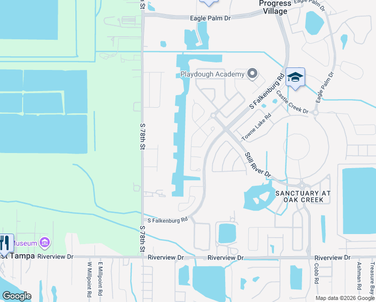 map of restaurants, bars, coffee shops, grocery stores, and more near 7219 Blue Beech Drive in Riverview