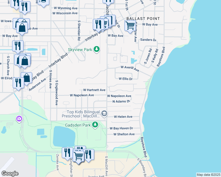 map of restaurants, bars, coffee shops, grocery stores, and more near 6526 South MacDill Avenue in Tampa
