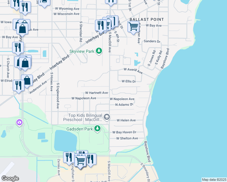 map of restaurants, bars, coffee shops, grocery stores, and more near 6526 South MacDill Avenue in Tampa