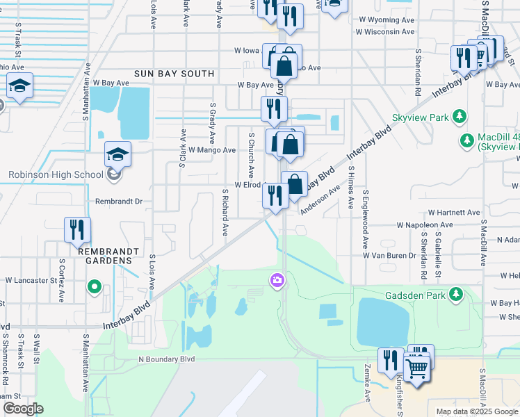 map of restaurants, bars, coffee shops, grocery stores, and more near 6910 Interbay Boulevard in Tampa