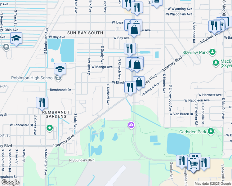map of restaurants, bars, coffee shops, grocery stores, and more near 6410 South Adelia Avenue in Tampa