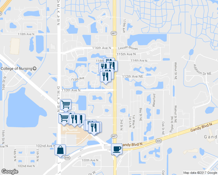 map of restaurants, bars, coffee shops, grocery stores, and more near 11002 4th Street North in Saint Petersburg