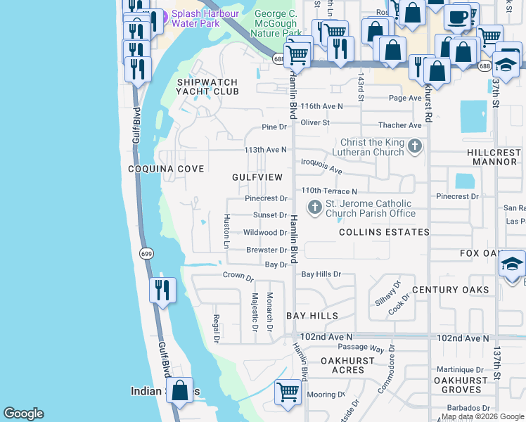 map of restaurants, bars, coffee shops, grocery stores, and more near 14733 Sunset Drive in Largo