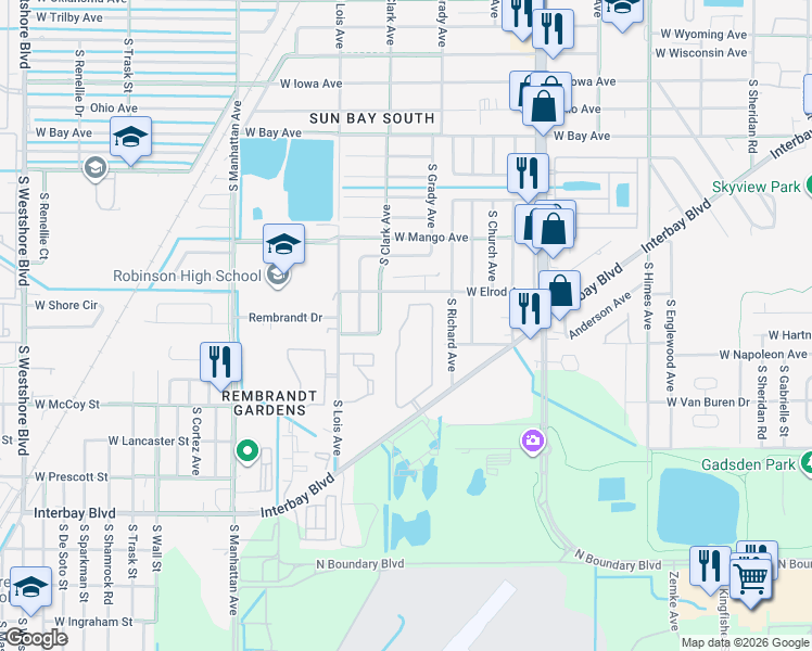 map of restaurants, bars, coffee shops, grocery stores, and more near 7001 Interbay Boulevard in Tampa
