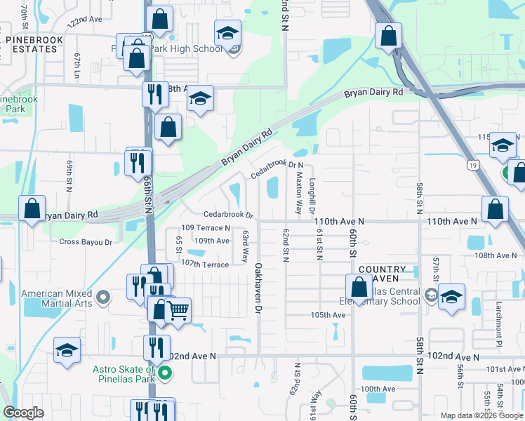map of restaurants, bars, coffee shops, grocery stores, and more near 11111 Oakhaven Drive in Pinellas Park