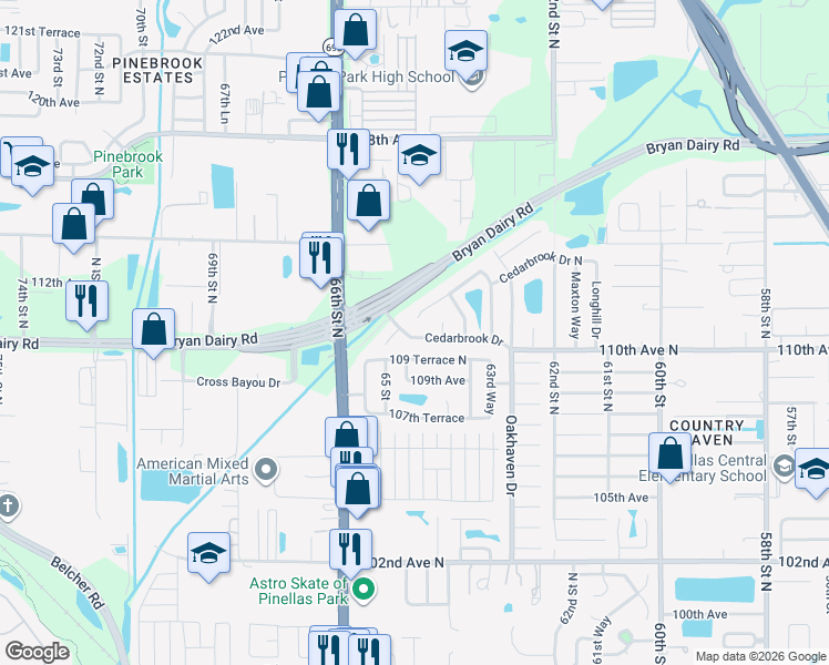 map of restaurants, bars, coffee shops, grocery stores, and more near 6521 Cedarbrook Drive in Pinellas Park