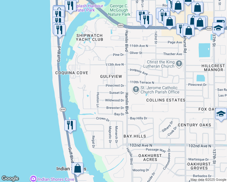 map of restaurants, bars, coffee shops, grocery stores, and more near 14702 Pinecrest Drive in Largo