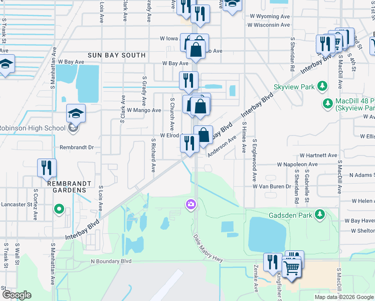 map of restaurants, bars, coffee shops, grocery stores, and more near 6910 Interbay Boulevard in Tampa