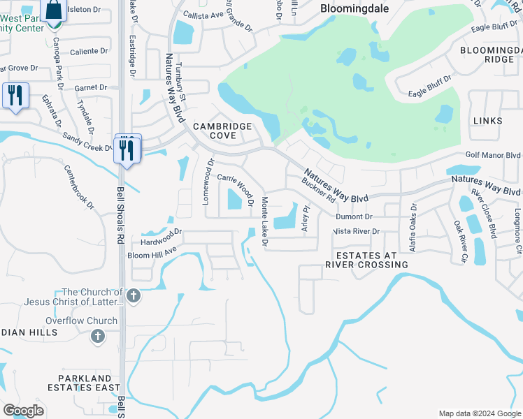 map of restaurants, bars, coffee shops, grocery stores, and more near 1325 Monte Lake Drive in Valrico