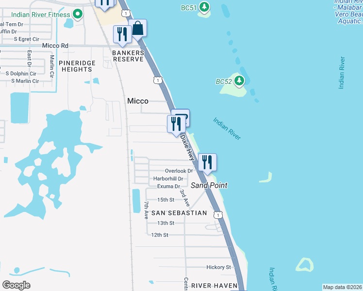 map of restaurants, bars, coffee shops, grocery stores, and more near 8520 U.S. 1 in Sebastian